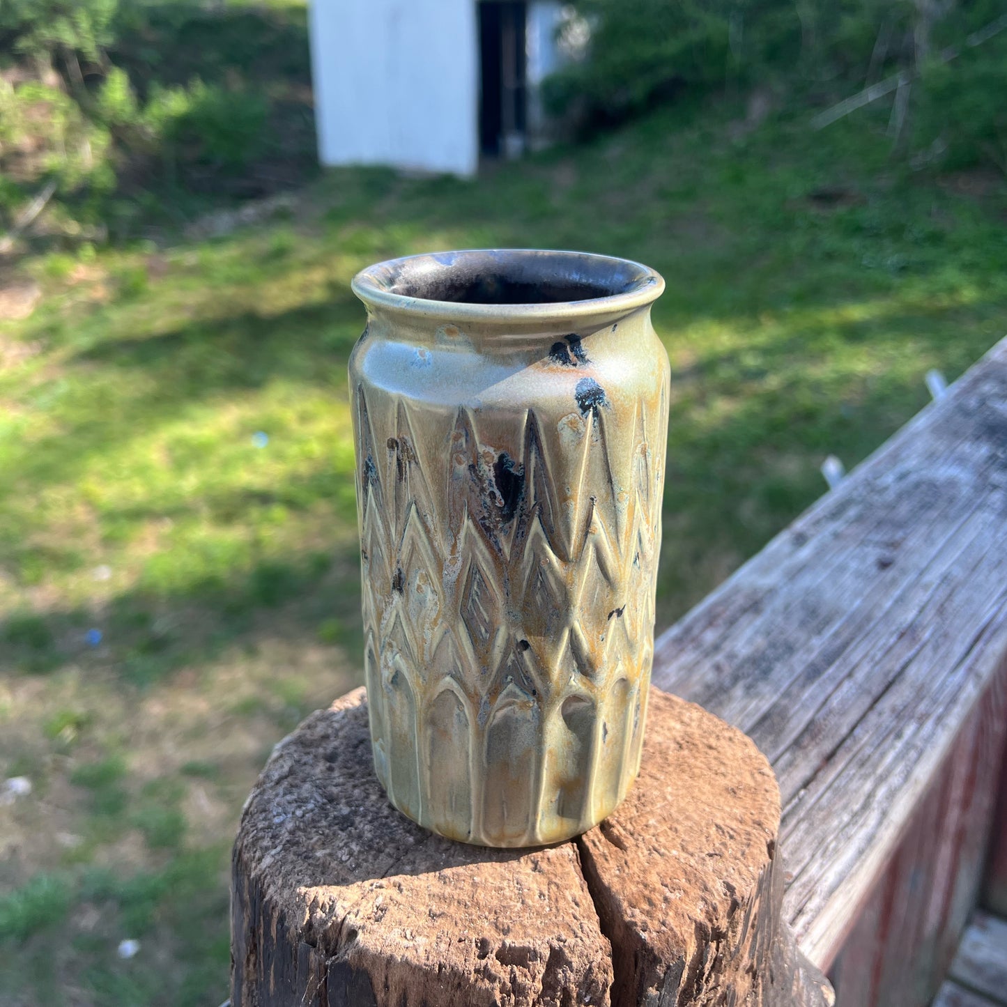 Carved Pencil Jar Handmade Pottery