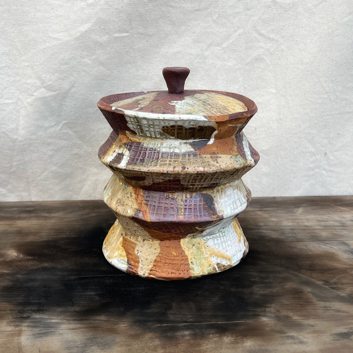 Layered Iron and Ash Lidded Jar Handmade Pottery